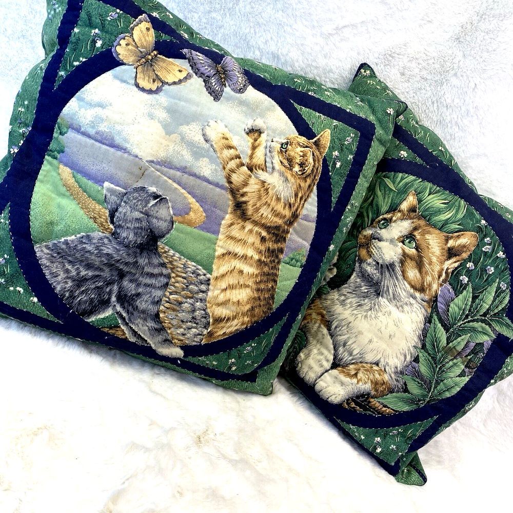 Vintage Cat Kitty Throw Pillows Green Grannycore‎ Cottage Green Quilted 80s